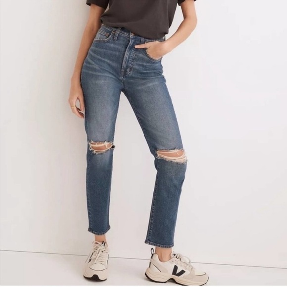 Madewell Denim - Madewell The Perfect Vintage Straight Leg Crop Medium Wash Distressed Jeans 32P